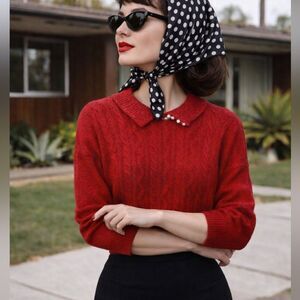 80s Vintage Red Angora Silk Sweater Medium Cable Knit Pearl Buttons Preppy Retro